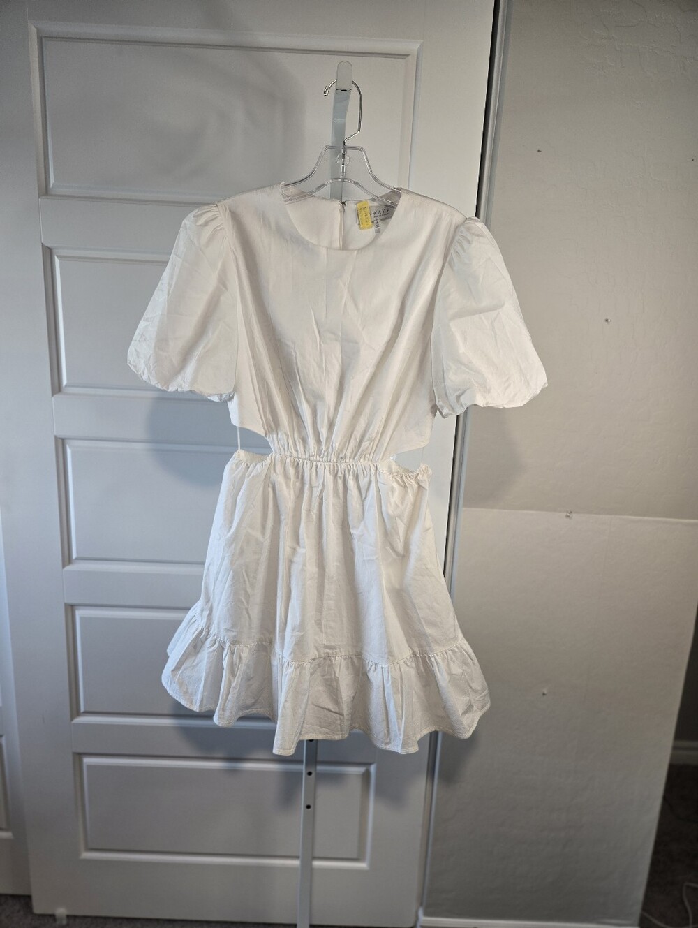 Wayf White Puff-Sleeve Cutout Waist Mini Dress